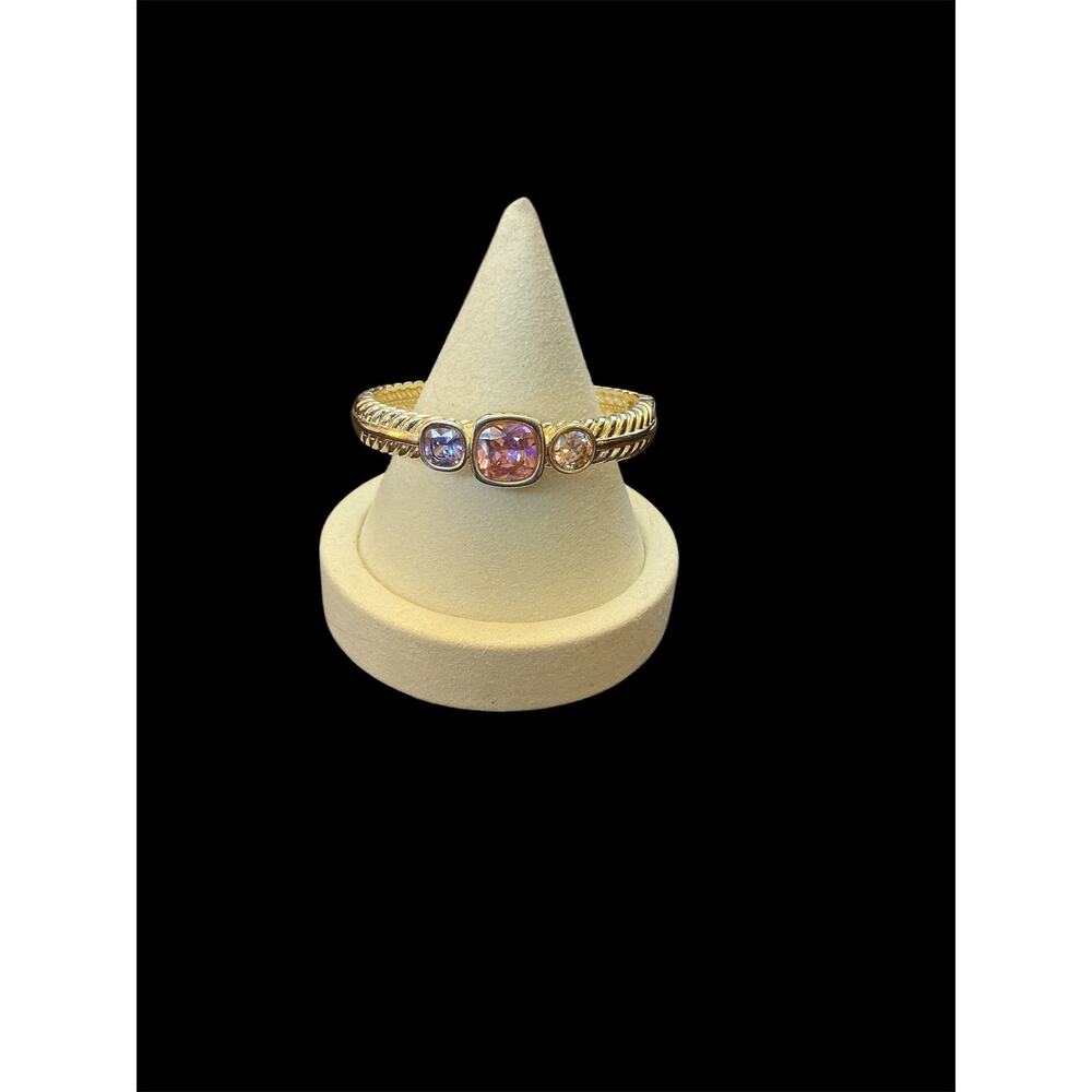 Gold Plated 3 Multi Color CZ Stones Hinged Bangle Bracelet